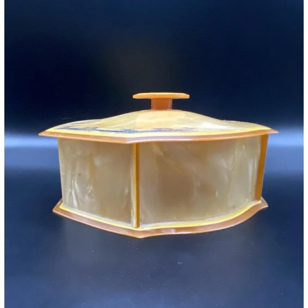 Vtg 1920s Art Deco Amber Vanity/Dresser Powder Jar Celluloid Top and Bottom